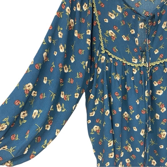 Teal Floral Boho Blouse with Balloon Sleeves XL - Picture 3 of 6